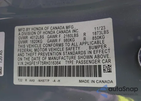 2024 Honda Civic Ex z USA, uszkodzony, nr VIN 2HGFE1F75RH316364